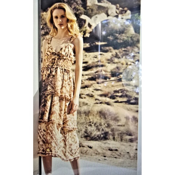 Cleobella Stella Womens M Midi Dress Geo Print Brown Neutral Ruffle Boho Layered